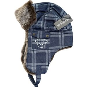 True Religion Trapper Hat Mens OS Dark Denim New Plaid Faux Fur Bomber Cap
